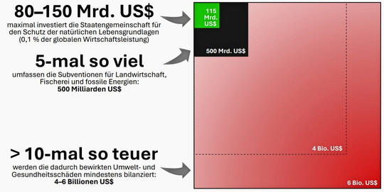 Abb.2: Relation zwischen den geschtzten Investitionen in den Schutz der natrlichen Lebensgrundlagen, den Subventionen in Landwirtschaft, Fischerei und fossile Energien sowie den dadurch bewirkten Umwelt- und Gesundheitsschden in globaler Perspektive (Zahlen nach Dasgupta 2021).