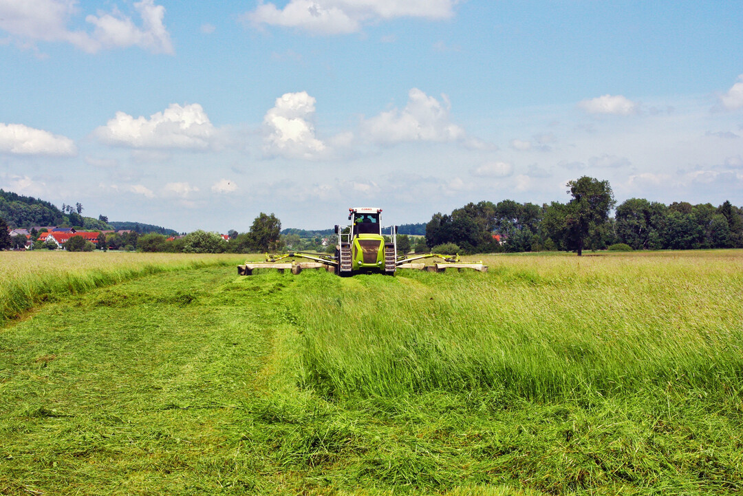 Even in (grassland) protected areas such as Natura 2000 sites, the latest technology is used to ensure efficient and cost-effective management and maintenance. The picture shows a device with four disc mowers and a working width of 14 meters. The area performance is 100150 hectares per day. It is doubtful whether a favorable conservation status can be achieved with such management. The picture was taken in a Natura 2000 meadow bird sanctuary (SPA) in Oberschwaben (Baden-Wrttemberg). 