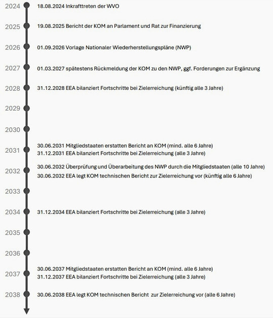 Abb. 3: Zeitplan zur Umsetzung der WVO und zum Reporting zwischen Mitgliedstaaten, EU-Kommission (KOM), Rat und Parlament unter Beteiligung der Europäischen Umweltagentur (EEA), definiert durch die WVO.