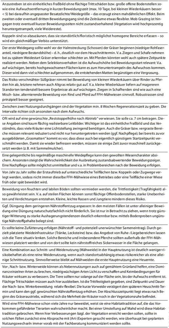 Tab. 2: Handlungsempfehlungen für beweidete FFH-Mähwiesen. Hat sich vor Ort eine Weideführung als langfristig tauglich für die Erhaltung herausgestellt, sollte diese beibehalten werden, auch wenn sie von den Empfehlungen abweicht (u. a. aus Janišová et al. 2023, Rahmann 1998, StMUV i. V., Tonn & Elsäßer 2014).
