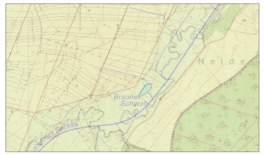 Abb. 14:Abschnitt der Schneidheimer Sechta nach der Urflurkarte (schwarz) und im Ausbauzustand von ca. 1926 (blau).