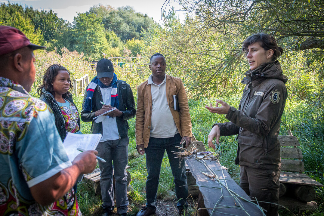 Rangerin Christina Winter erläutert einer Gruppe von Rangern aus Mosambik die Bildungsarbeit der Naturwacht Brandenburg im Biosphärenreservat Schorfheide-Chorin.