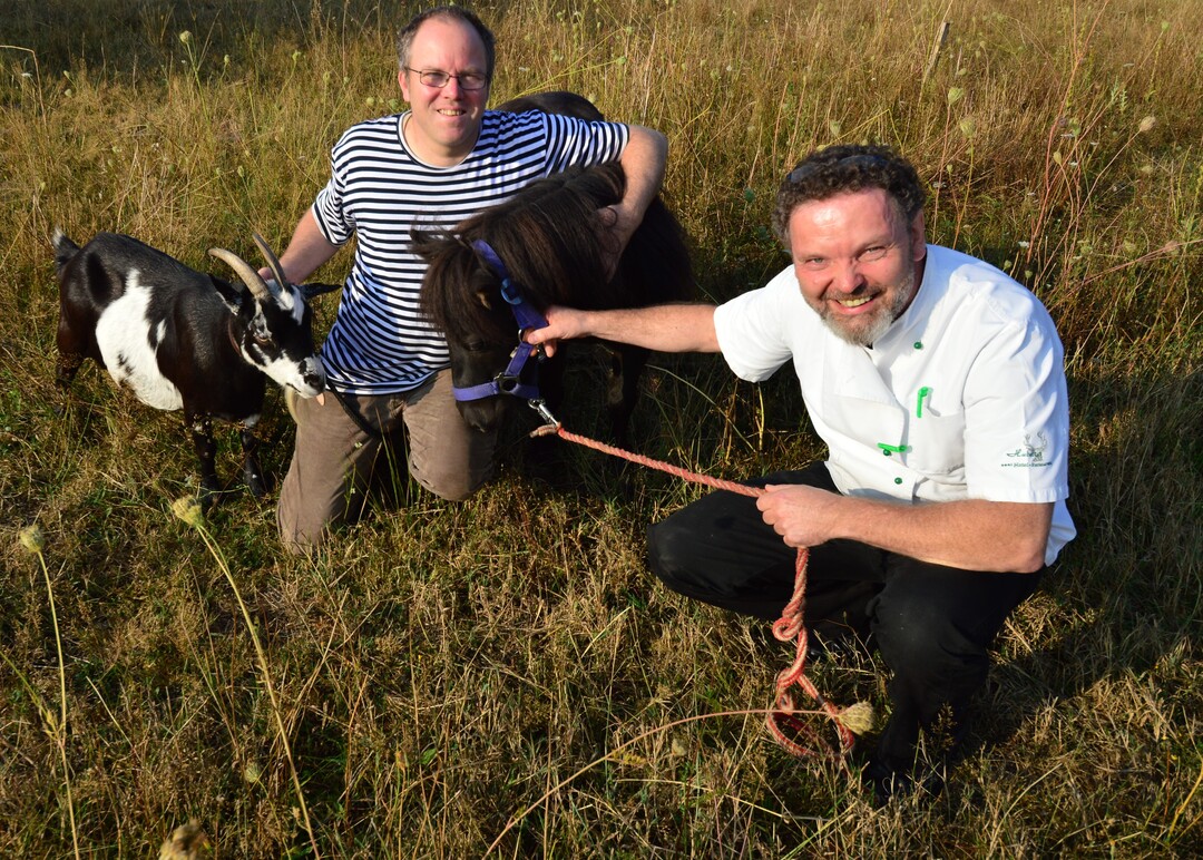 Kai Behncke (links), Initiator des Projekts Blumiges Melle, fand in Volker Wiesenhahn und auch in den Tieren des Gnadenhofs Mitstreiter fr den Insektenschutz.