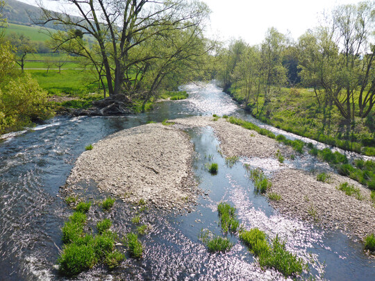 Abb. 3: Natürliche Fließgewässerdynamik mit Kiesumlagerungen (hier Lahn bei Kernbach).