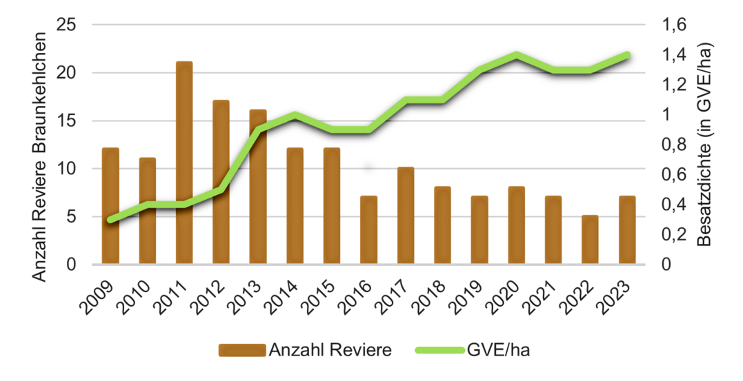 Abb. 7: Zusammenhang zwischen Besatzdichte und Anzahl der Reviere des Braunkehlchens (
<i>Saxicola rubetra</i>
) von 2009 bis 2023 (R� = 0,53, p = 0,002)