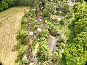 Renaturierter Abschnitt an der Oberen Diemel: Durch eine iterative, minimalinvasive Vorgehensweise hat sich das begradigte Gerinne in wenigen Monaten zu einer strukturreichen Gew�sserlandschaft mit Totholz, Kiesb�nken, Mehrbettgerinne und eingebundenen Stillgew�ssern entwickelt.