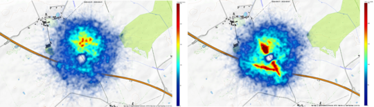 Die r�umliche und zeitliche Verteilung der Flugaktivit�t einer Vogelart unterliegt nat�rlichen inter- sowie intra-annueller Ver�nderungen. Die beiden Heatmaps wurden mit IdentiFlight-Daten generiert. Sie zeigen die Unterschiede der Flugaktivit�t des Rotmilans im Fr�hling (M�rz-Mai) und im Sommer (Juni-August) innerhalb eines Jahres am gleichen Standort.