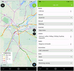 Abb. 1: Für das Projekt konfigurierte QField-ErfassungsApp. Links: Kartenausschnitt vom Pilotgebiet mit erfassten Straßenbegleitgrünflächen mit unterschiedlicher Nährstoffausprägung und Eignung für die Restitution. Rechts: Eingabemaske (Ausschnitt) mit Listen- und PullDown-Feldern für eine effektive Sachdateneingabe.