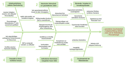 Fischgrten-Diagramm mit den sechs wichtigsten Einflussgren auf die Problemlage in der Naturschutzverwaltung und darunter liegenden Ursachen.