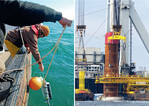 Abb. 9: Ausbringung von Hydrophonen zur Erfassung von Schweinswalen <br />
The application of hydrophones to record harbour porpoises.<br />
Abb. 10: Rammarbeiten zur Gründung von Offshore WEA. <br />
Pile driving for the foundation of offshore wind farms.