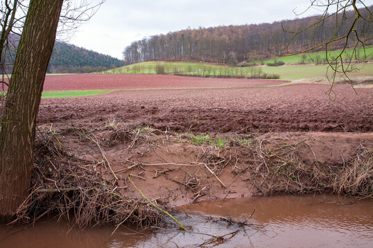 Abb. 1: Die Vermeidung von Bodenerosion ist eine Querschnittsaufgabe, die gleichermaen auch fr den Schutz von Arten, Biotope, Gewsser und Klima wirkt (Ackernutzung bis an die Bschungsoberkante am Bachlauf der Twiste, Bad Arolsen).
