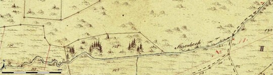 Abb. 6b: Die dargestellten Abschnitte der Orrot (oben) und des Sixenbachs (unten) sind 7,5 km voneinander entfernt und hneln sich hinsichtlich Geologie, Umgebungsgeomorphologie, Geflle, Hydrologie und Vegetation. Trotzdem ist der Lauf der Orrot stark mandrierend, der Lauf des Sixenbachs fast vllig gestreckt. Der Grund liegt in der frhen Nutzung des Sixenbachs zum Betrieb einer Schleifmhle.