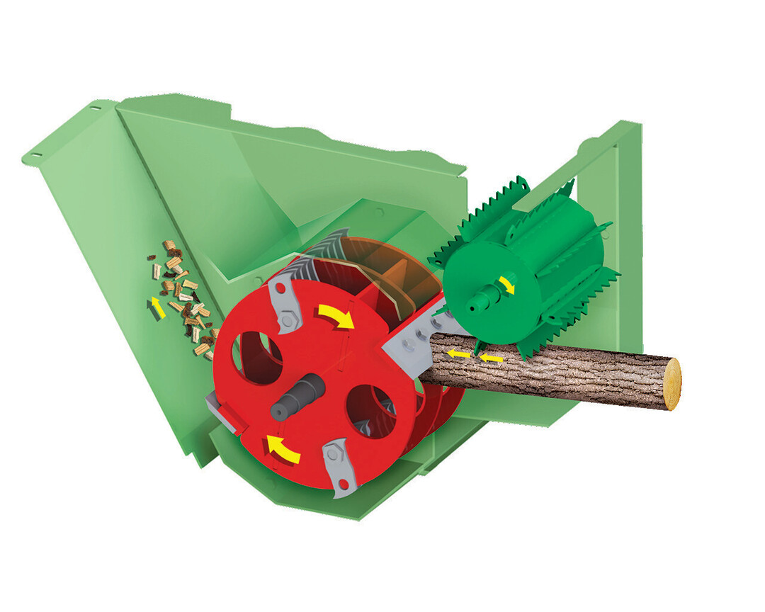 Der anhngermobile Bioshredder R280 (Stammdurchmesser max. 150 mm) vom Hersteller Negri. Auf seinem Hackrotor arbeitet eine Kombination aus Messern und Hmmern.
