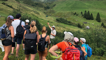 Florian Altermatt zusammen mit Studierenden in einem Feldkurs zur Biodiversitt in den Glarner Alpen bei Elm im Sommer 2022.