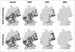 Abb. 2: Potenzielle zukünftige Entwicklung der Verbreitung von Labkraut-Eichen-Hainbuchenwäldern Galio-Carpinetum (LRT 9170) während des 21. Jahrhunderts in Deutschland. Klimamodell: HadCM3, IPCC Emissionsszenario: A2, Modellgüte (AUC)=0,97.