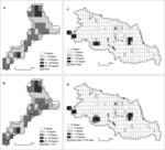 Abb. 5: Beispiele für die Korrelation zwischen Schutzgebietsausdehnung und den Vorkommen der RL-Arten bzw. RL-Waldarten je Minutenfeld. In der Loccumer Geest (NR 628) überlagern sich die durch NSG geschützten Flächen und die Vorkommen der RL-Arten nicht (a), während sich unter Einbeziehung der FFH-Gebiete eine positive Korrelation zwischen Schutzgebietsausdehnung und den Vorkommen der RL-Arten zeigt (b). In den Burgdorf-Peiner-Geestplatten (NR 623) sind die Vorkommen der RL-Waldarten nicht durch NSG abgedeckt (c), während sich unter Einbeziehung der FFH-Gebiete eine positive Korrelation zwischen Schutzgebietsausdehnung und den Vorkommen der RL-Waldarten zeigt (d).