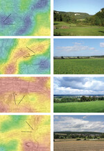 Abb. 2: Beispielhafte Ausschnitte von Topographischen Karten (Maßstab 1 : 100000) mit überlagerter Landschaftsbildqualität aus Abb. 1 und den entsprechenden Fotostandorten.