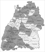 Abb. 1: Kreise mit Landschaftserhaltungsverbänden in Baden-Württemberg (dunkel hervorgehoben). Karte: Landesanstalt für Entwicklung der Landwirtschaft und der ländlichen Räume (LEL) – Stand 07/2013.