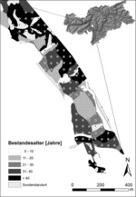 Abb. 1: Netz der Aufnahmepunkte im Untersuchungsgebiet mit dem Bestandesalter in Klassen laut vorliegender Forstkarte (Autonome Provinz Bozen-Südtirol 2007). Oben rechts Lage des Untersuchungsgebietes innerhalb von Südtirol (grau), Italien.