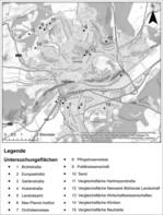 Abb. 1: Lage der Untersuchungs- und Vergleichsflächen in Tübingen (Baden-Württemberg, Deutschland).