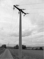 Abb. 1: Gefährlicher Mittelspannungsmast bei Mechernich-Berg (Stichprobe 4), an dem am 08.03.2013 ein durch Stromschlag getöteter Uhu aufgefunden wurde.              Foto: Stefan BrücherDer Mast ist für Vögel gefährlich, weil die Entfernung zwischen den gefährlichen Bauteilen geringer als 60 cm ist. Der Mast ist wie zahlreiche andere Masten im Versorgungsgebiet der KEV mit Büschelabweisern versehen worden. Diese stellen jedoch keine ausreichende Sicherungsmaßnahme dar. Das war bereits bekannt, als der Netzbetreiber an diesem Mast Büschelabweiser anbrachte. Wie in der Anwendungsregel unter „7.2.2 Abspannmast“ beschrieben, ist die Verwendung von Büschelabweisern nur zulässig, sofern andere Maßnahmen aus technischen Gründen nicht durchführbar sind. Dieser Fall liegt hier zweifelsfrei nicht vor.