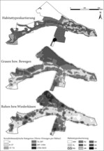 Abb. 4: Kerndichteanalytische Darstellung der Weidetieraktivität auf der Ganzjahresstandweide „Dumontshaff“. Klassengrenzen nach geometrischen Intervallen (Ortungen/Hektar). Habitattypen: WW = Weißklee-Weidelgras-Weiden, FL = Flutrasen, RG = ruderales Grasland, FG = Feuchtgrünland, RÖ = Röhrichte, GR = Großseggenriede, GH = gehölzdominierte Flächen, HA = Hauptstromlinie der Alzette, UN = Unterstand.