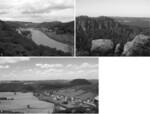 Abb. 2: Charakteristik des Landschaftsschutzgebietes Sächsische Schweiz. (a) canyonartig eingeschnittenes Elbtal; (b) landwirtschaftlich genutzte „Ebenheiten“ mit aufsitzenden Tafelbergen und Dörfern in Talmulden; (c) Felsreviere und zusammenhängende Wälder. Fotos: Ulrich Walz
