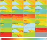 Abb. 7: Räumliche Darstellung der Ecospace-Simulation des Habitatverlustes und der Effektivität der Mauer zur Schadensminimierung der Auswirkungen von Lärm und Licht (Abb. 5) durch den Bau des Industriegebiets (Abb. 4) für alle funktionellen Gruppen im Modell (Biomassen: hoch = rot, niedrig = blau).<br/ >Spatial representation of the Ecospace simulation on the loss of habitats and the effectiveness of the retaining wall to limit damages of light and noise (fig. 5) caused by the construction of the industrial site (fig. 4) for all functional groups in the model (biomasses: high = red, low = blue).
