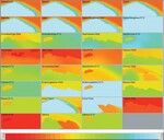 Abb. 6: Räumliche Darstellung der Ecospace-Simulation des Habitatverlustes und der Auswirkungen der Wirkfaktoren Lärm und Licht (Abb. 5) durch den Bau des Industriegebiets (Abb. 4) für alle funktionellen Gruppen im Modell (Biomassen: hoch = rot, niedrig = blau).<br/ >
Spatial representation of the Ecospace simulation on the loss of habitats and the effects of the factors noise and light (fig. 5) caused by the construction of the industrial site (fig. 4) for all functional groups in the model (biomasses: high = red, low = blue).
