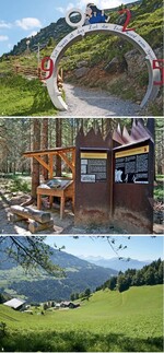 Abb. 6: Zeit als innovatives Thema auf dem Almzeitweg Turracher Höhe.© E.C.O., Anna Kovarovics‘Time‘ as innovative topic on the ‘Almzeitweg Turracher Höhe’.<br/ >
Abb. 7: Von Hexen und Schergen berichtet der Richtstättenweg Passeggen.© E.C.O., Anna KovarovicsThe ‚Richtstättenweg‘ in Passeggen reports about witches and henchmen.<br/ >
Abb. 8: Die Lawinenrinnen am Lawinenweg „Leusorgweg“ sind noch deutlich zu erkennen. © E.C.O., Anna KovarovicsAlong the ‘Leusorgweg‘ the draws of the avalanches are still clearly visible.