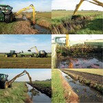 Abb. 1: Durchführung der Stratiotes aloides-Ansiedlung in der Hunte-Weser-Niederung (Niedersachsen) mit Hilfe des „Krebsscherenpflückers“. Oben: Entnahme der Pflanzen aus dem Spendergewässer; Mitte: Verladen der Pflanzen; unten: Einbringen der Pflanzen in eines der Zielgewässer. © Friederike KastnerIntroducing Stratiotes aloides in the valley of the rivers Hunte and Weser, using a specific picker. Above: Harvesting of the plants from the original water body; middle: Loading of the plants; below: Insertion of the plants into one of the receiving water bodies.