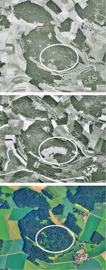 Abb. 2: Luftbilder vom Holzheimer Berg. Oben: 1946, Mitte: 1963, Unten: 2010. Eingekreist sind die Haupt-Vorkommen des Frauenschuhs (= Lage der Maßnahmen- und Untersuchungsflächen). Pfeil: Lage einer zentralen Magerrasen-Freifläche mit Referenz-Lichtmessungen.Aerial photographs of the “Holzheimer Berg“. Above: 1946, middle: 1963, below: 2010. The main occurrences of Lady Slipper have been encircled (= location of the investigation and measurement sites). Arrow: location of a central oligotrophic grassland site with referential light measurements.