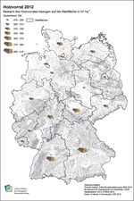 Abb. 2: Bestand des Holzvorrats 2012, bezogen auf die Waldfläche (in m³ ha–1).Timber-growing stock in 2012, related to the forest area (in m³ per ha).