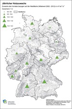 Abb. 4: Jährlicher Holzzuwachs in den Bundesländern (Mittelwert 2002-2012 in m3 ha–1 a–1).Annual tree increment (mean value 2002-2012 in m³ per ha and year).
