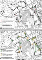 Abb. 2: Verteilung der Gartenrotschwanzreviere 2007/2008 und 2011 (a) sowie 2012 und 2013 (b).Distribution of the territories of the Common Redstart in 2007/2008 and in 2011 (a), as well as in 2012 and 2013 (b).