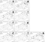 Abb. 2–10: Raum-zeitliche Verbreitung tyrphobionter Schmetterlingsarten der nährstoffarmen Moore in Mecklenburg-Vorpommern (vier Zeitebenen, Visualisierung tyrphophiler Lepidopteren vgl. Thiele et al. 2015, Kartengrundlage: ©  GeoBasis DE/M-V 2015).<br/ >
Spatio-temporal distribution of tyrphobiobtic butterfly and moth species in low-nutrient bogs in Mecklenburg-Vorpommern (four temporal levels, visualisation of thyrophilic lepidoptera see THIELE et al. 2015, map base © GeoBasis DE/M-V 2015).