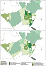 Abb. 2: Pflanzengesellschaften des Grünlands im Gebietszentrum in den Jahren 2008 (oben) und 2011 (unten).Plan communities of grasslands in the centre of the area in the years 2008 (above) and 2011 (below).