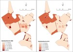 Abb. 4: Verteilung der Gehölze vor und nach fünf Beweidungsjahren mit Angabe der Gehölzdeckungsgrade.Dispersal of trees and shrubs before and after five years of pasturing, including the respective grades of coverage.