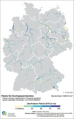 Abb. 1: Für Hochwasserretention zur Verfügung stehende Flussauenflächen auf 1 km² INSPIRE-Rasterebene.<br />
Area of floodplains available for flood retention (INSPIRE grid of 1 km² ) .