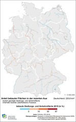Abb. 2: Anteil bebauter Siedlungs- und Verkehrsflächen innerhalb der rezenten Flussauen auf Basis des INSPIRE-1 km²-Gitternetzes.<br />
Share of built-up areas for settlements and traffic within recent floodplains on the base of the INSPIRE grid of 1 km².