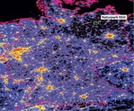 Abb. 8: Karte der Lichtverschmutzung Deutschlands und geographische Lage des geplanten Sternenparks Nossentiner/ Schwinzer Heide (www.lichtverschmutzung.de, bearbeitet).Map of light pollution in Germany and geographic location of the planned Dark Sky Park ‘Nossentiner/ Schwinzer Heide’ (www.lichtverschmutzung.de, adapted).