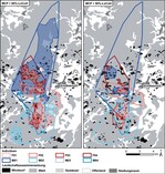 Abb. 5: Aktionsräume der acht im Untersuchungsgebiet besenderten Wildkatzen (Kater: M01–M04; Katzen: F01–F04; links: Hauptaufenthaltsgebiet 95 % LoCoH und Kerngebiet 50 %LoCoH).<br/ > Activity areas of the eight wildcats radio-tracked in the investigation area (male cats: M01-M04; female cats: F01-F04; left: main habitat 95 % LoCoH and core area 50 % LoCoH).