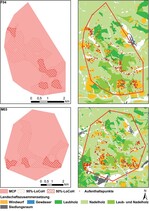 Abb. 6: Beispiele für die abgestufte Raumnutzungsintensität einer Katze (F_04) und eines Katers (M_03) sowie die Lage der Aufenthaltspunkte in Windwurfflächen und entlang von Bachtälern.Examples for the graded intensity of spatial use of a female cat (F_04) and a male cat (M_03), and the location of the main spots of stay within the wind throw areas and along river valleys.