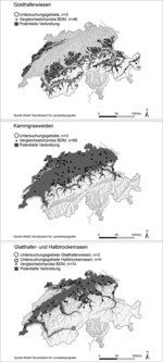 Abb. 1: Lage der als Untersuchungsgebiete definierten extensiv bewirtschafteten Goldhaferwiesen (oben), Kammgrasweiden (Mitte) und Glatthaferwiesen bzw. Halbtrockenrasen (unten). Ebenso dargestellt sind die Aufnahmeflächen des durchschnittlichen Dauergrünlands (Vergleichsstichprobe BDM) und das potenzielle Verbreitungsgebiet des jeweiligen Vegetationstyps. Die Südalpen wurden nicht in die Analyse einbezogen.