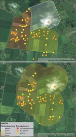 Abb. 1: Verteilung von Brutvogelarten der Roten Liste in einem exemplarischen Untersuchungsraum.<br/ >
Distribution of breeding bird species of the Red List in an exemplary investigation area.