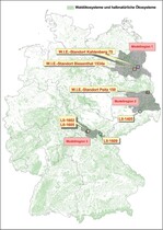 Abb. 1: Regionen und Standorte der Modellierung.LII: International Co-operative Programme on Assessment and Monitoring of Air Pollution Effects on Forests (ICP Level II) W.I.E.: Waldkunde-Institut EberswaldeRegions and sites for modelling.