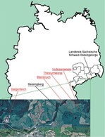 Abb. 2: Lage des Projektgebiets im Osterzgebirge mit den Probeflächen in Rot.<br />
Location of the project area in the ”Osterzgebirge“ with application sites (in red).