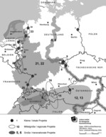 Abb. 1: Geographische Verteilung grenzüberschreitender Biotopverbundprojekte an Deutschlands Außengrenze zwischen 2003 und 2007 (die Zahlen beziehen sich auf Tab. 1; Hinweis: Das Projekt Nr. 4 – Pan-European Ecological Network (PEEN) for Western Europe – ist aufgrund seines großes Untersuchungsgebiets nicht auf der Karte dargestellt.