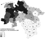 Abb. 2: Anbau von Mais in Prozent der Ackerfläche in den niedersächsischen Landkreisen in 2007 (eigene Auswertungen nach Daten des Niedersächsischen Landesamtes für Statistik 2007).