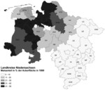Abb. 1: Anbau von Mais in Prozent der Ackerfläche in den niedersächsischen Landkreisen in 1999       (eigene Auswertungen nach Daten des Niedersächsischen Landesamtes für Statistik 1999).